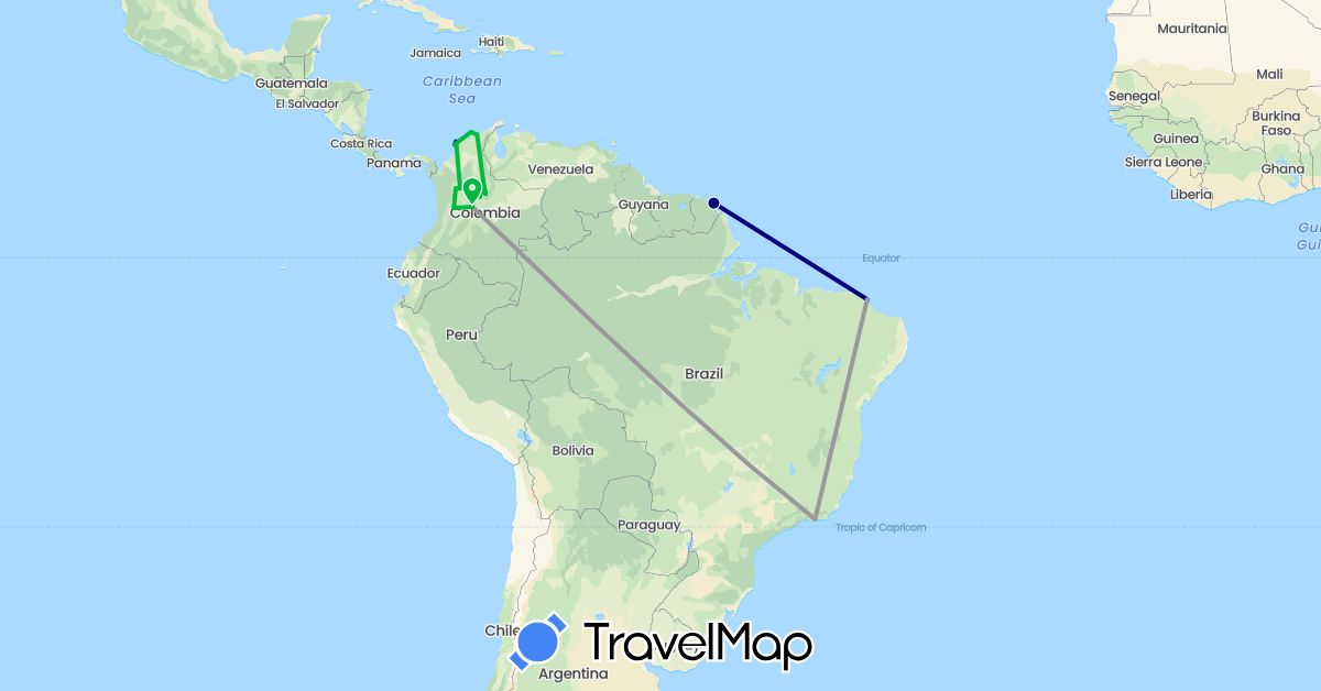TravelMap itinerary: driving, bus, plane in Brazil, Colombia, France (Europe, South America)